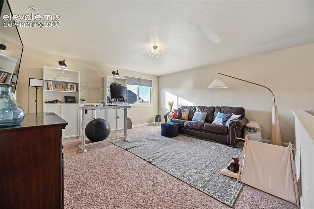 Image 26 of 47: Carpeted flooring, vaulted ceiling, built-in shelving, windows, and ceiling