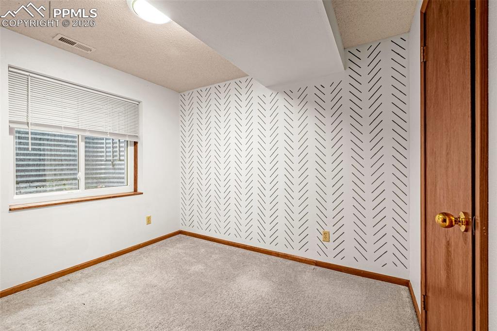 Image 23 of 41: Neutral-toned carpet flooring complementing a feature wall with a chevron p