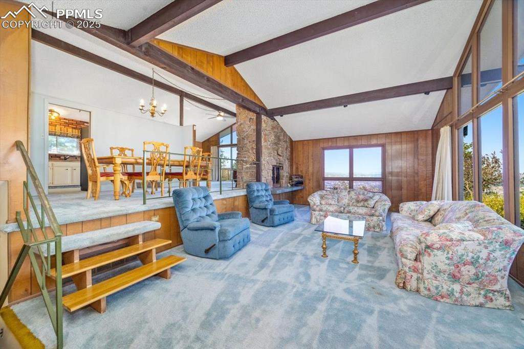 Image 9 of 38: Living room with plenty of natural light, wooden walls, and carpet flooring