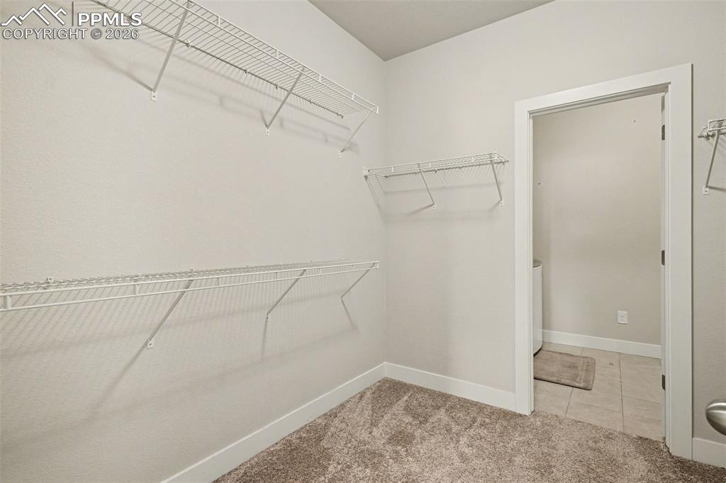 Image 12 of 37: Huge walk-in closet with soft carpeting, offering ample space for clothing,