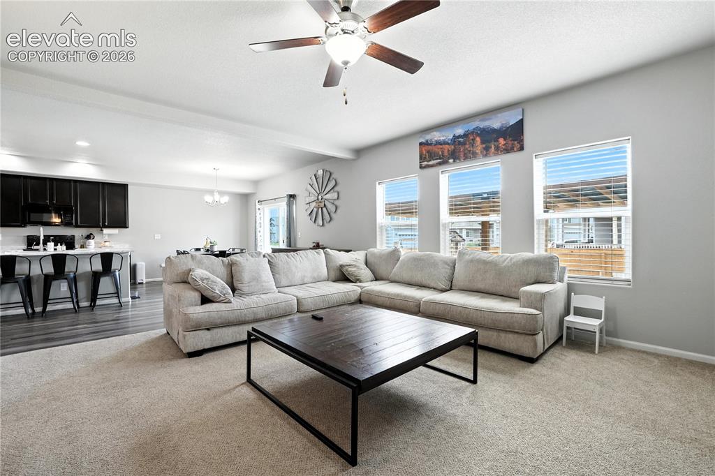 Image 11 of 42: Spacious living area featuring carpeting, multiple windows with blinds, a c