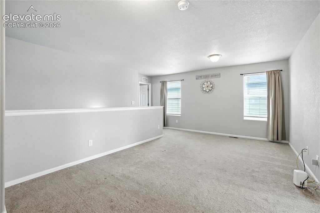 Image 18 of 42: Carpeted flooring, neutral wall color, two windows with blinds, overhead fl