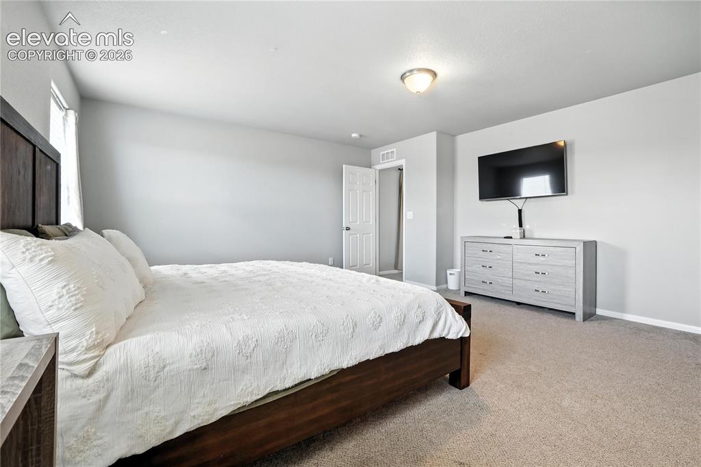 Image 21 of 42: Vaulted ceiling, wall-mounted television, neutral carpeting, flush mount ce