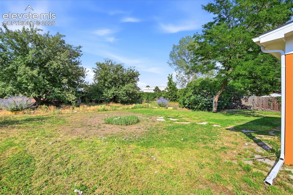 Image 34 of 34: Expansive yard with mature trees, established landscaping, and a vibrant bl