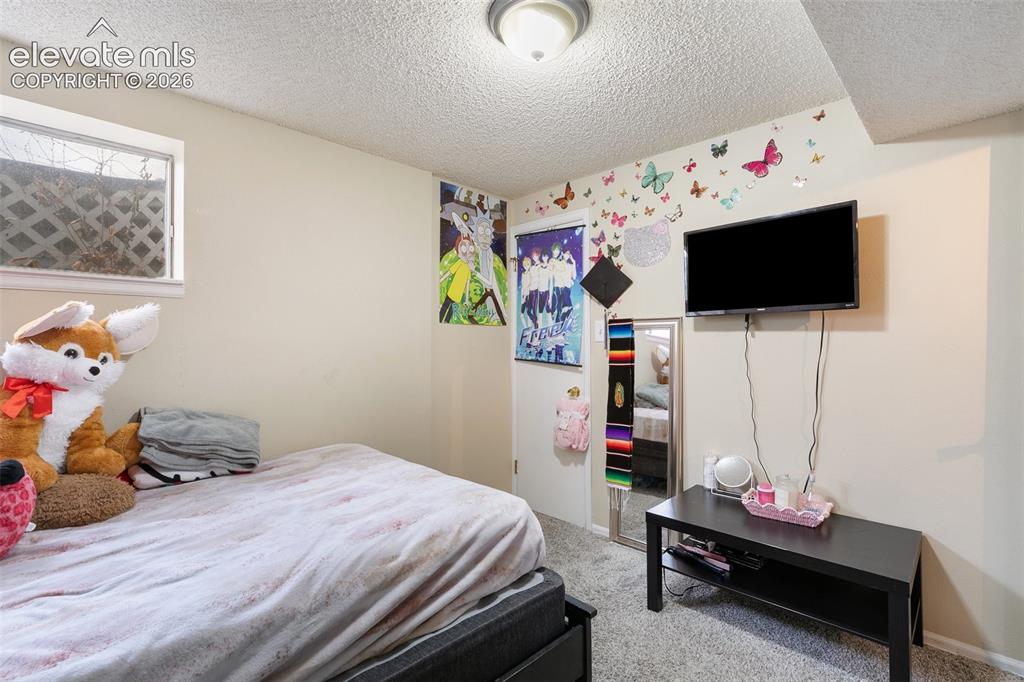 Image 23 of 29: Carpeted interior space featuring a window with exterior lattice, ceiling-m