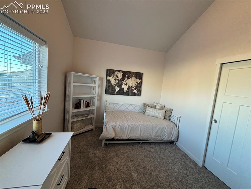 Image 40 of 49: Bedroom with vaulted ceiling and dark carpet