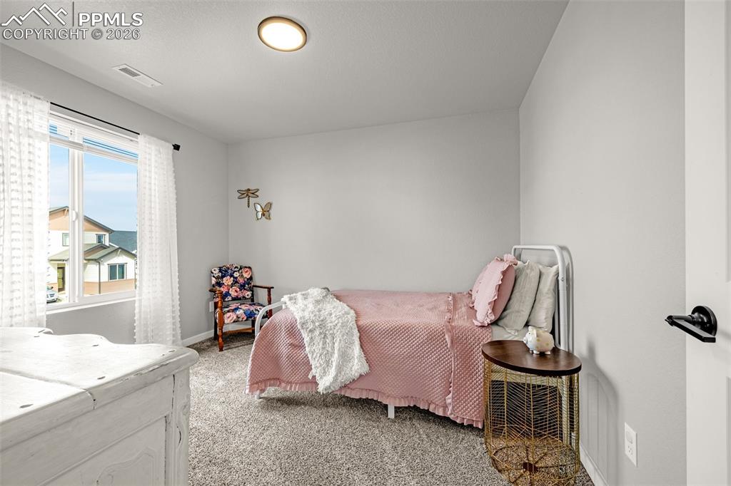 Image 25 of 40: Second spacious bedroom on the upper level with fresh clean carpet, great n