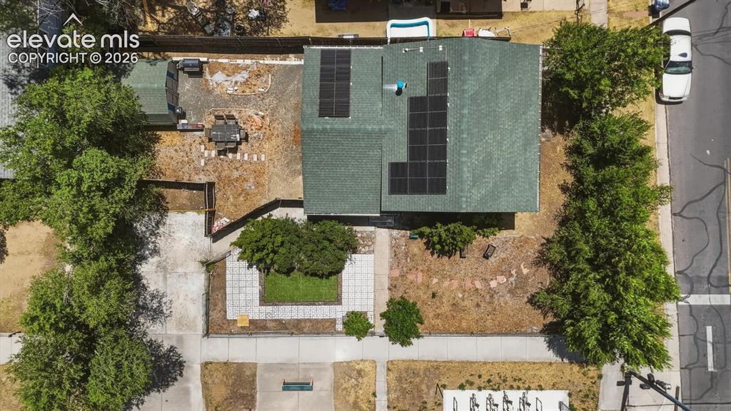 Image 3 of 48: Aerial view of home and lot. Solar brings electric bill down, down, down.