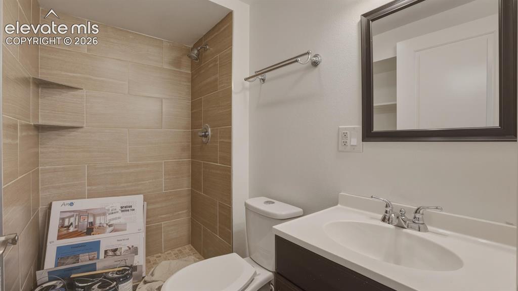 Image 31 of 48: Lower Level Shower Bathroom with vanity, framed mirror, and tiled shower.
