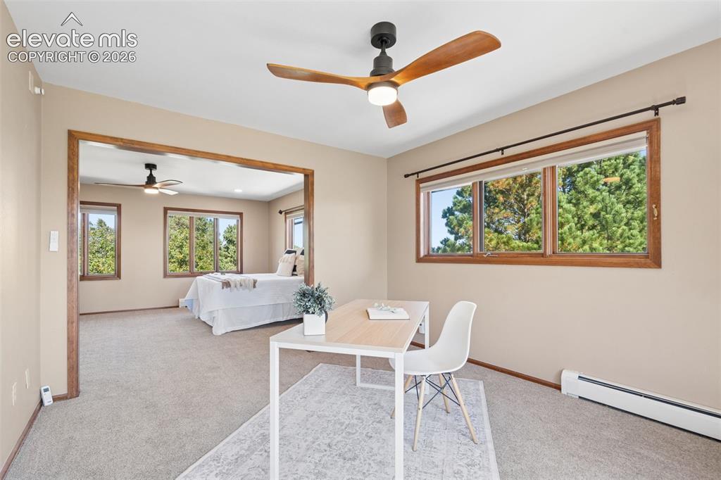 Image 26 of 50: Carpeted interior with wood-trimmed windows, a modern ceiling fan, and a wi