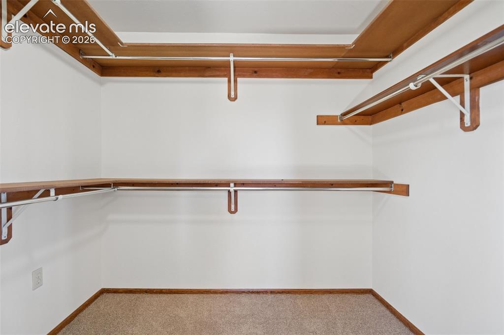 Image 30 of 50: Built-in shelving with hanging rods and neutral carpet flooring