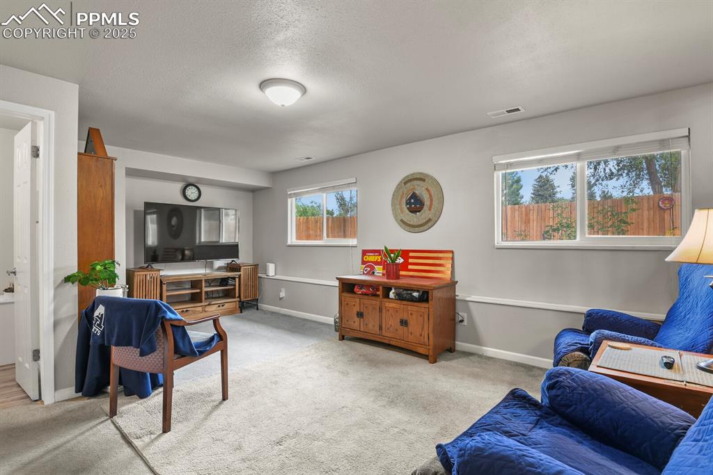 Image 22 of 31: Lower level family room with nice garden level windows and powder room