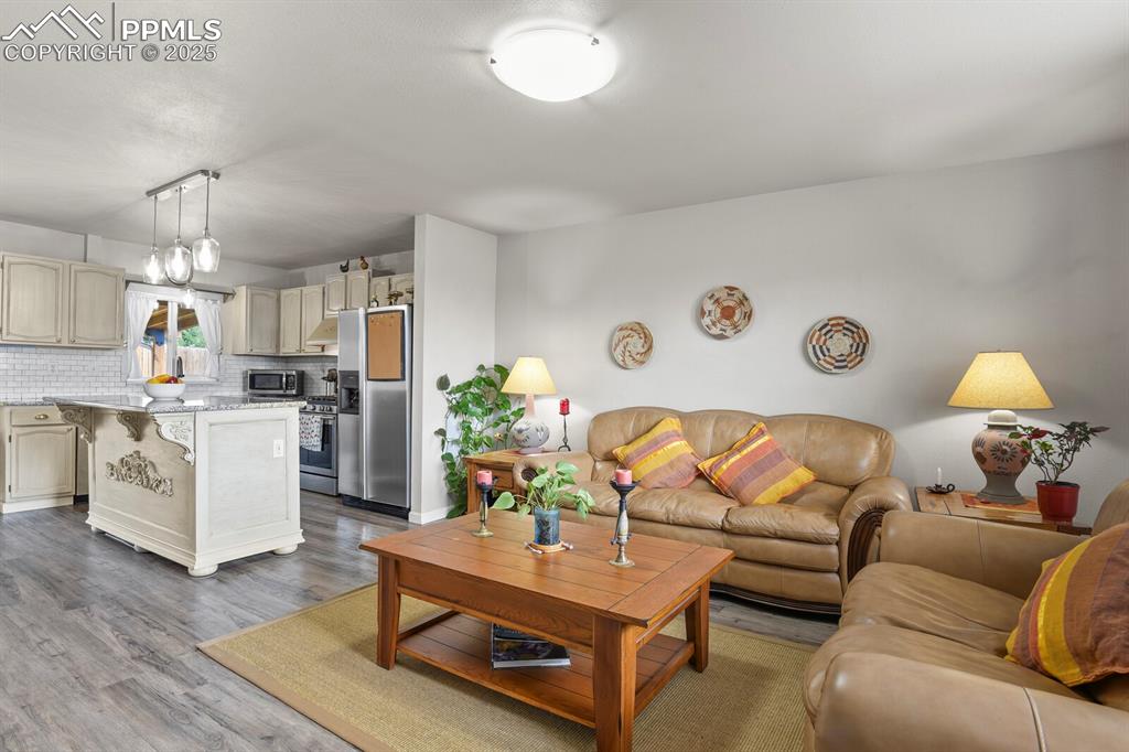 Image 3 of 31: Open concept living! Main level living room with vinyl wood-style floors an