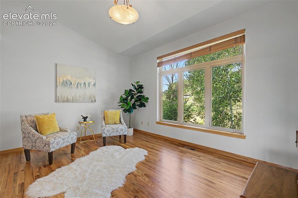 Image 28 of 50: Spacious room featuring vaulted ceilings, wood-finish flooring, and a large