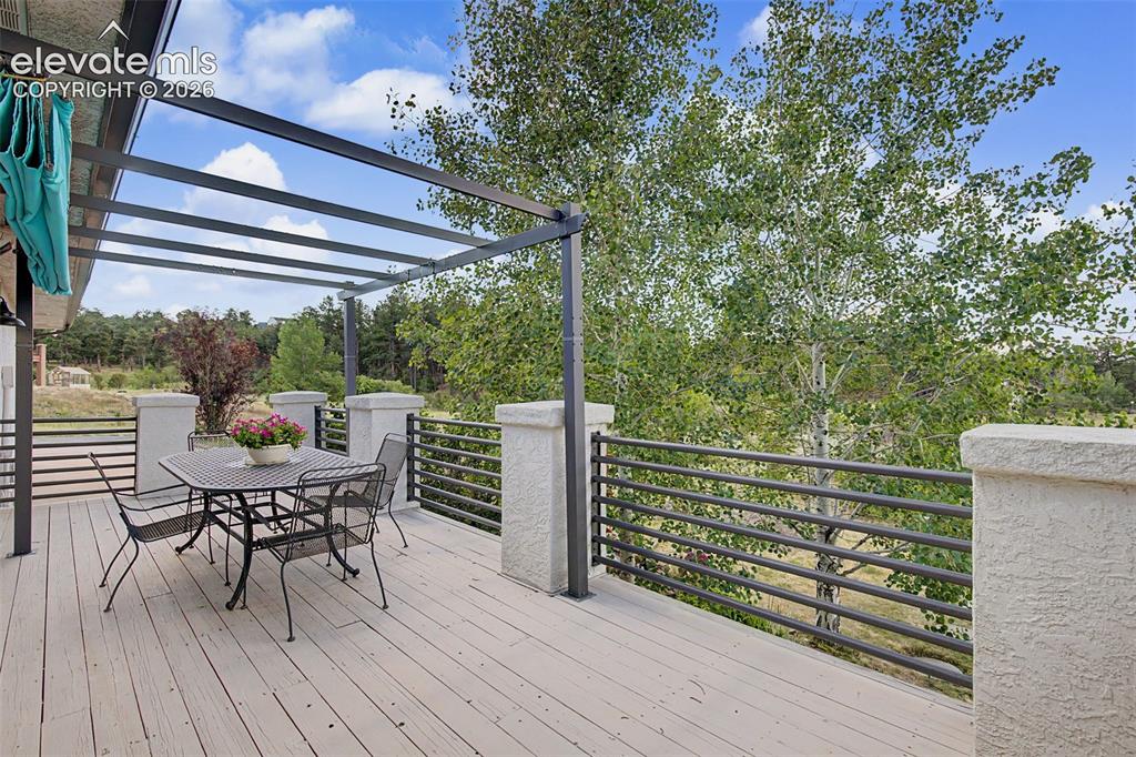 Image 48 of 50: Expansive outdoor deck featuring wood-finish flooring, a contemporary metal