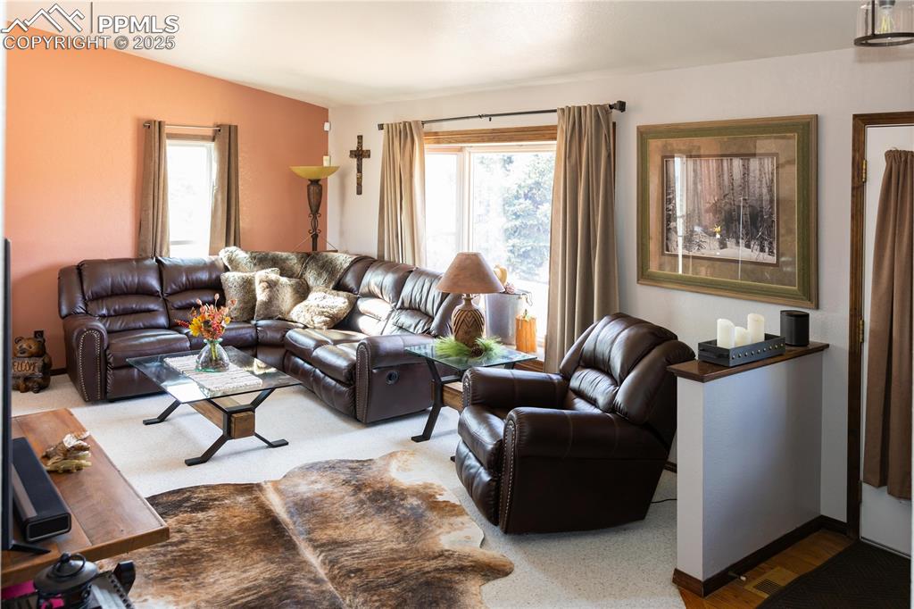 Image 10 of 49: Living area with baseboards and carpet