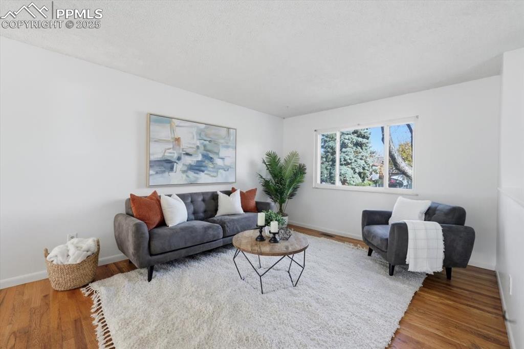 Image 3 of 26: Living room with wood finished floors