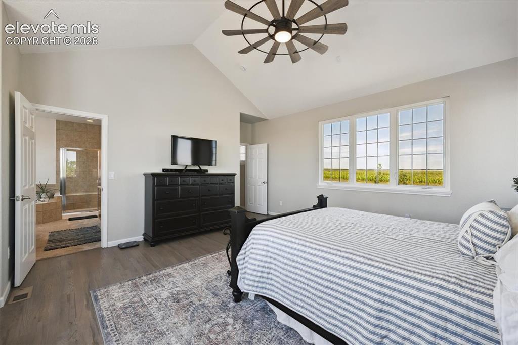 Image 18 of 46: Vaulted ceiling bedroom with a contemporary ceiling fan and wood-finish flo