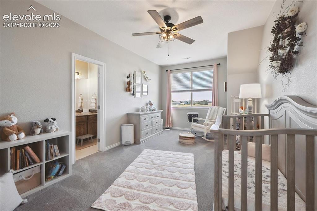 Image 22 of 46: Carpeted room featuring a ceiling fan, a window with blinds, and an open do