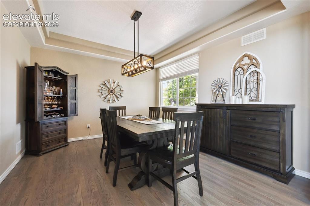 Image 9 of 46: Dining area featuring wood-finish flooring, a tray ceiling, and a multi-pan