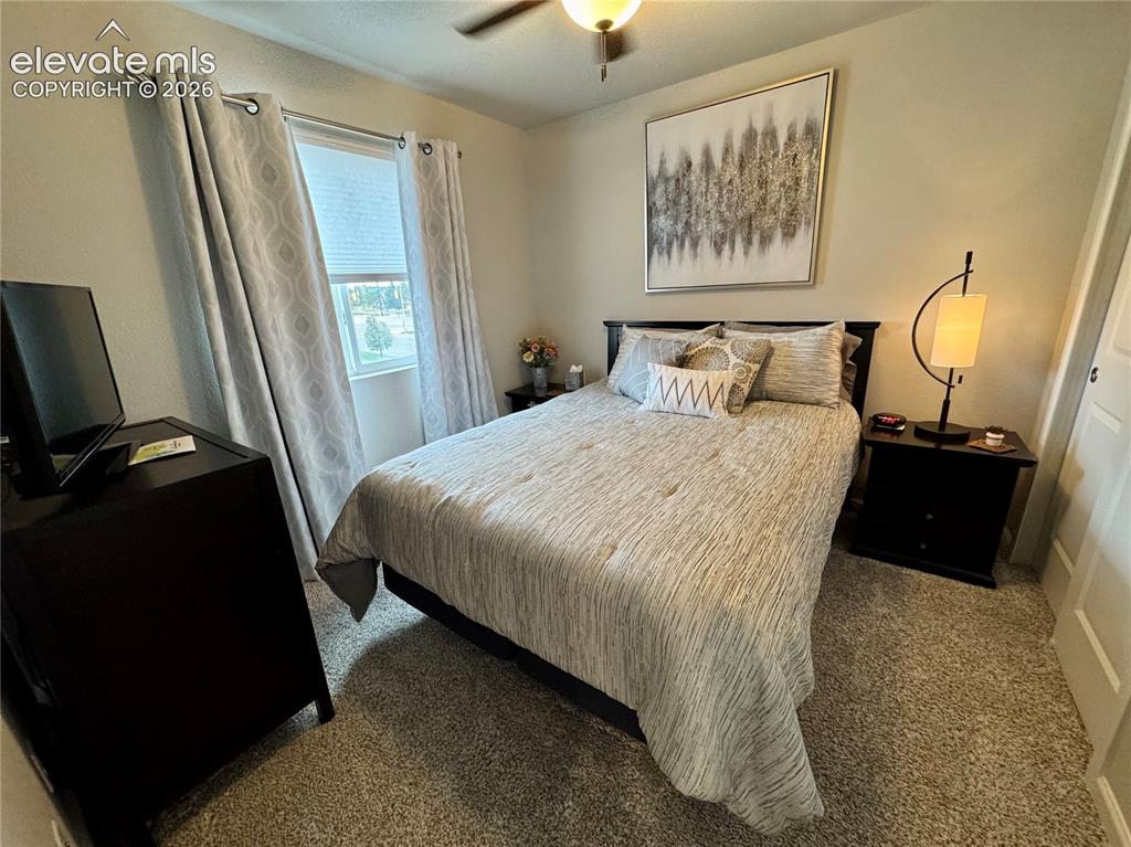 Image 18 of 25: Neutral-toned bedroom featuring carpeting, a ceiling fan with light fixture