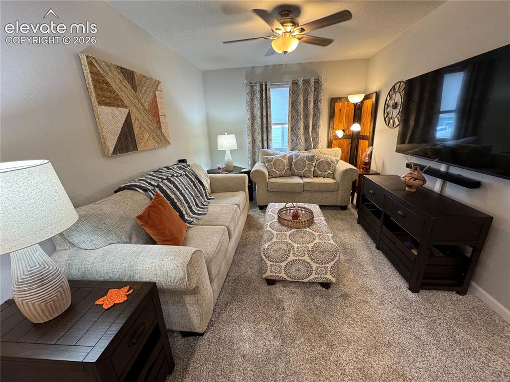 Image 7 of 25: Neutral-toned carpeting, ceiling fan with integrated lighting, and single w