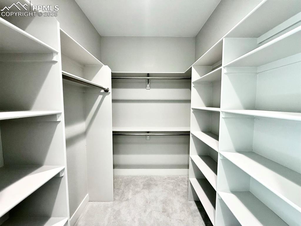 Image 22 of 28: Spacious closet featuring light colored carpet