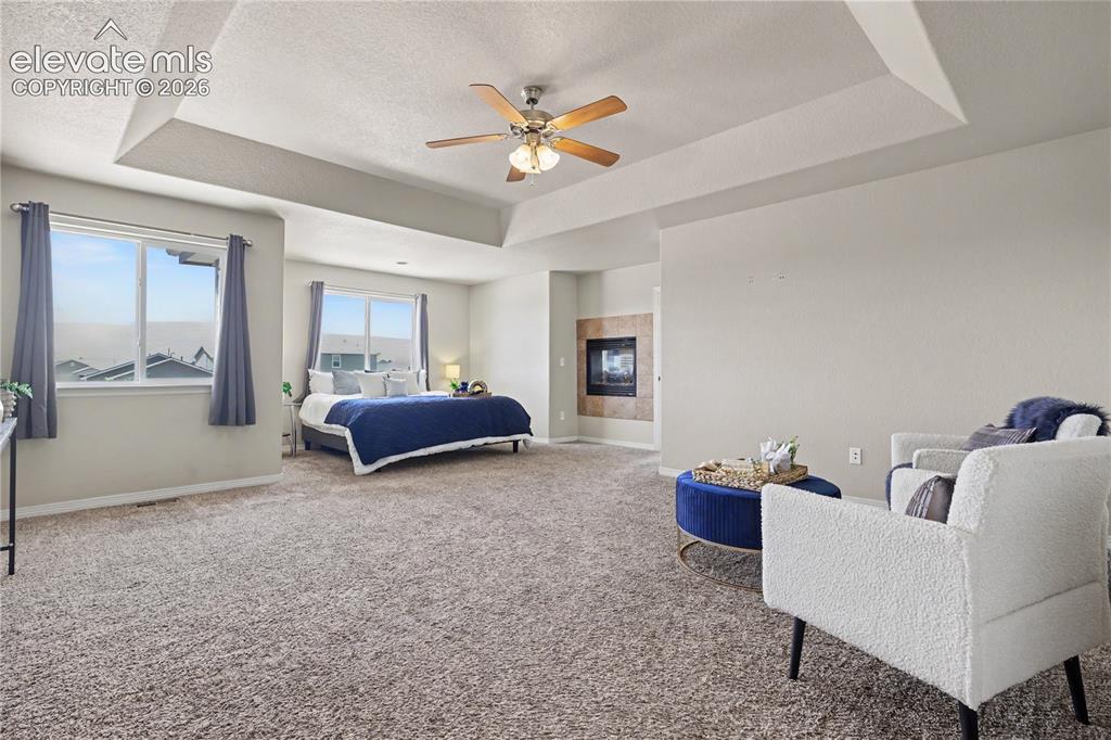 Image 15 of 38: Spacious carpeted room featuring a tray ceiling with a ceiling fan, multipl