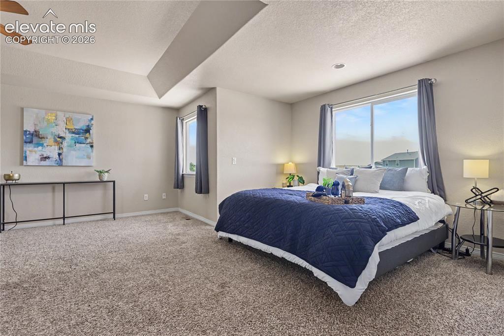 Image 16 of 38: Spacious bedroom featuring neutral carpeting, a tray ceiling with a ceiling