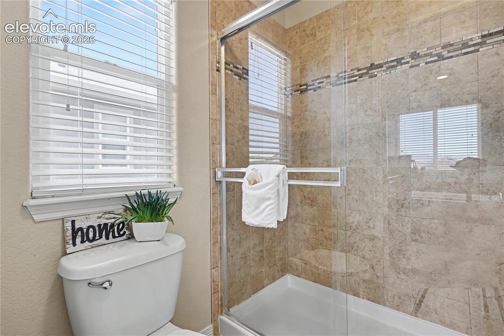 Image 18 of 38: Glass-enclosed shower featuring large format tile with a decorative mosaic