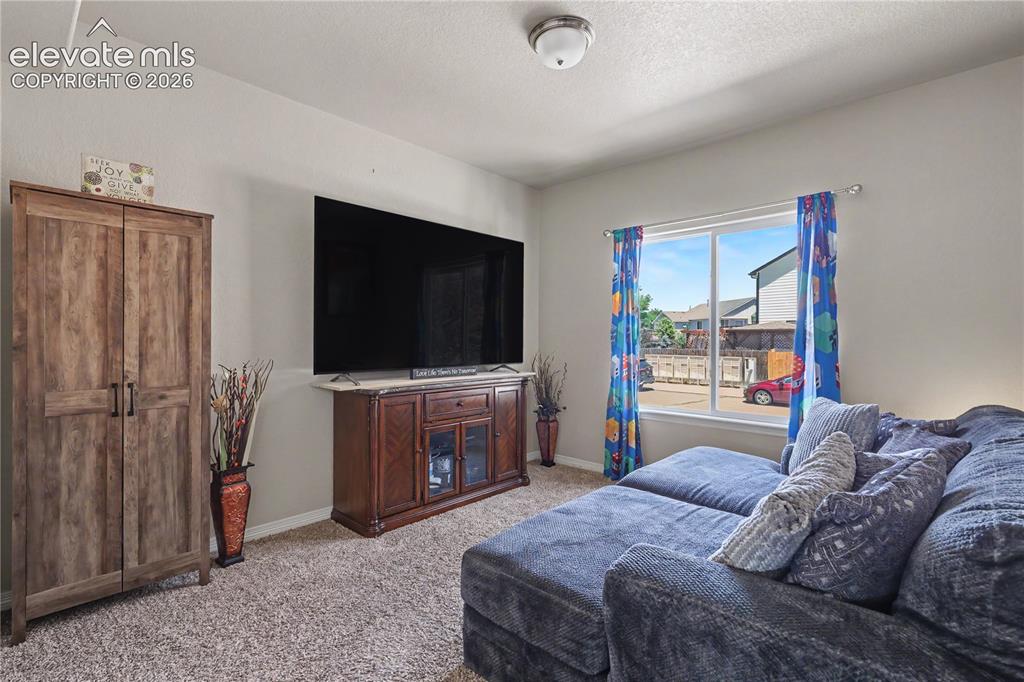 Image 21 of 38: Carpeted living area featuring a large window, neutral wall paint, and a bu