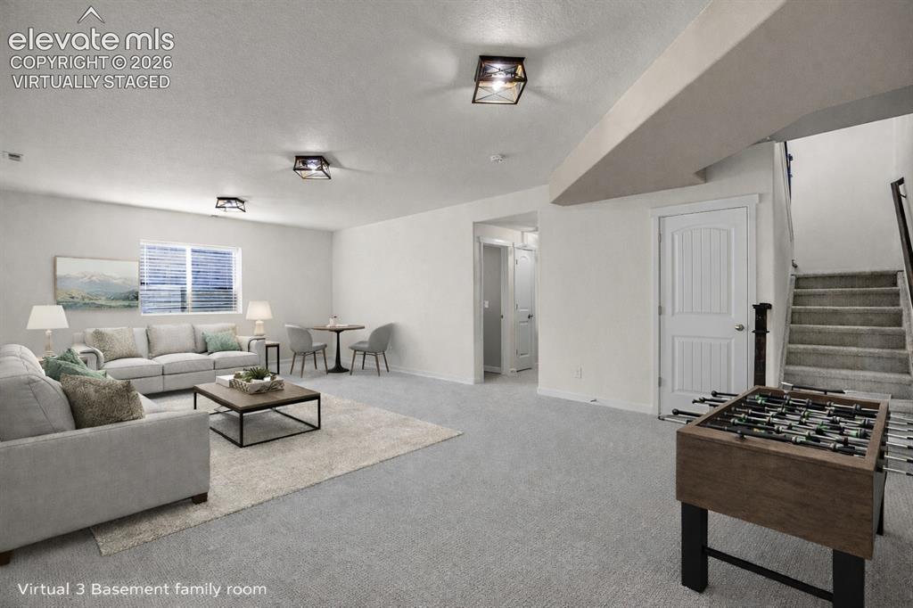 Image 8 of 48: virtually staged Carpeted flooring, recessed window, paneled interior doors