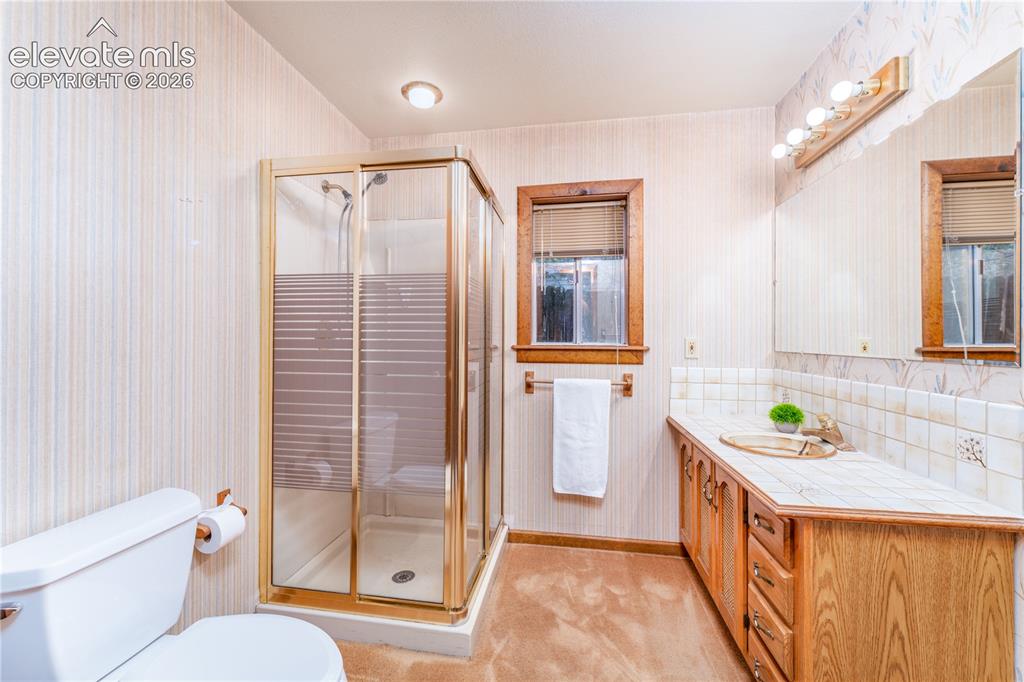 Image 9 of 29: Vanity with wood-finish cabinetry, tile countertop, and a large mirror