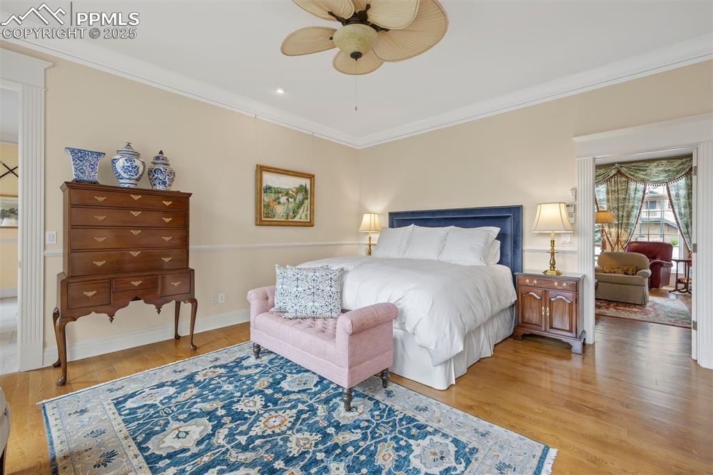 Image 19 of 49: The primary bedroom has dual access from the entry hall and study, and 10-f