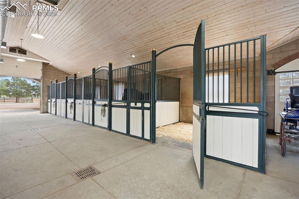 Image 33 of 49: Seven horse stalls with individual paddocks are beautifully crafted with ar