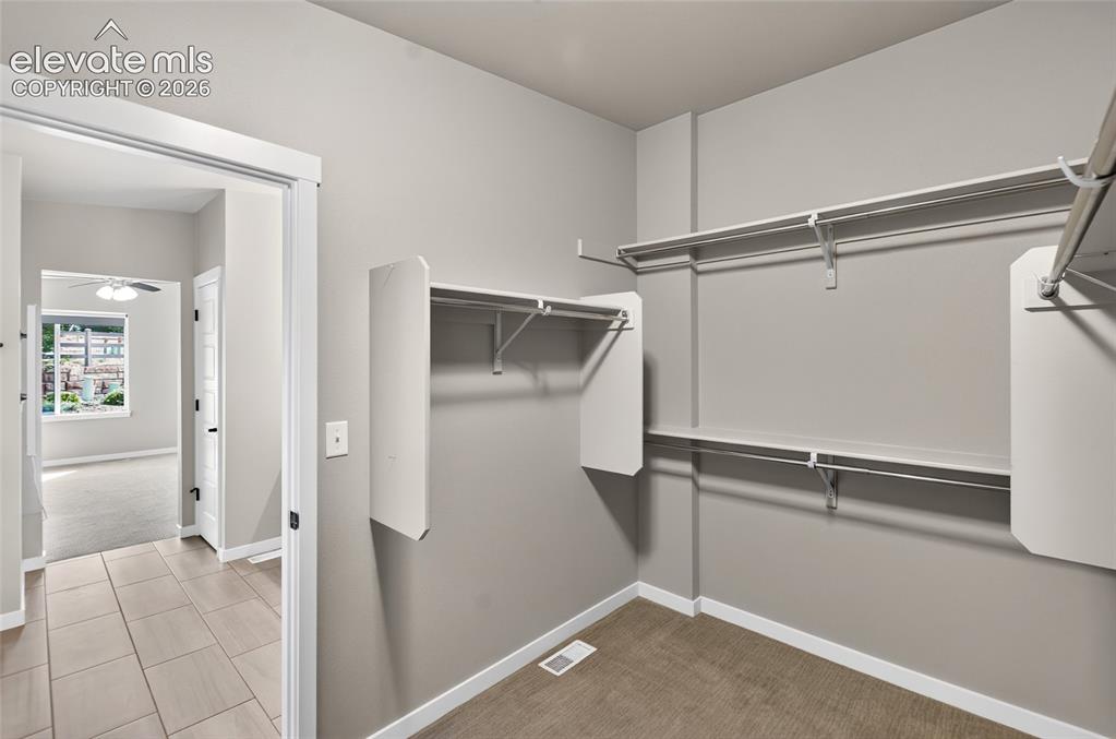 Image 14 of 50: Walk-in closet featuring wire shelving, hanging rods, and carpet flooring-