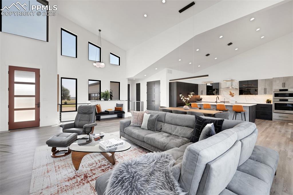 Image 7 of 50: Living room featuring light wood-style flooring, recessed lighting, and a t