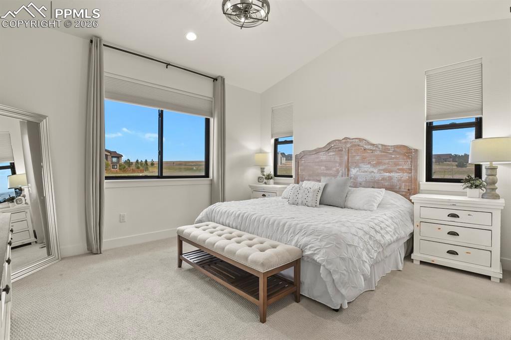 Image 19 of 47: Bedroom with light colored carpet, vaulted ceiling, and recessed lighting
