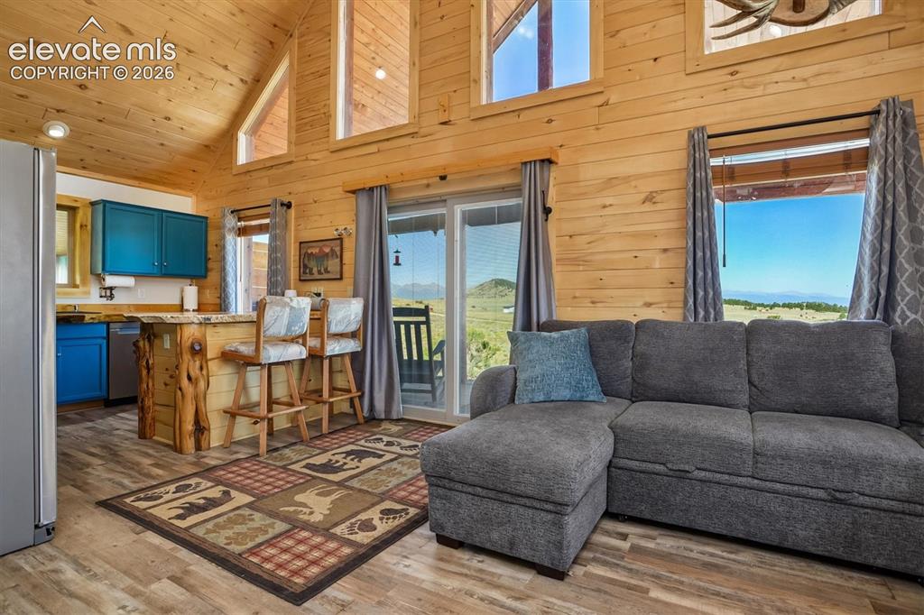 Image 6 of 29: Open concept living area featuring wood-finish walls and vaulted ceilings w