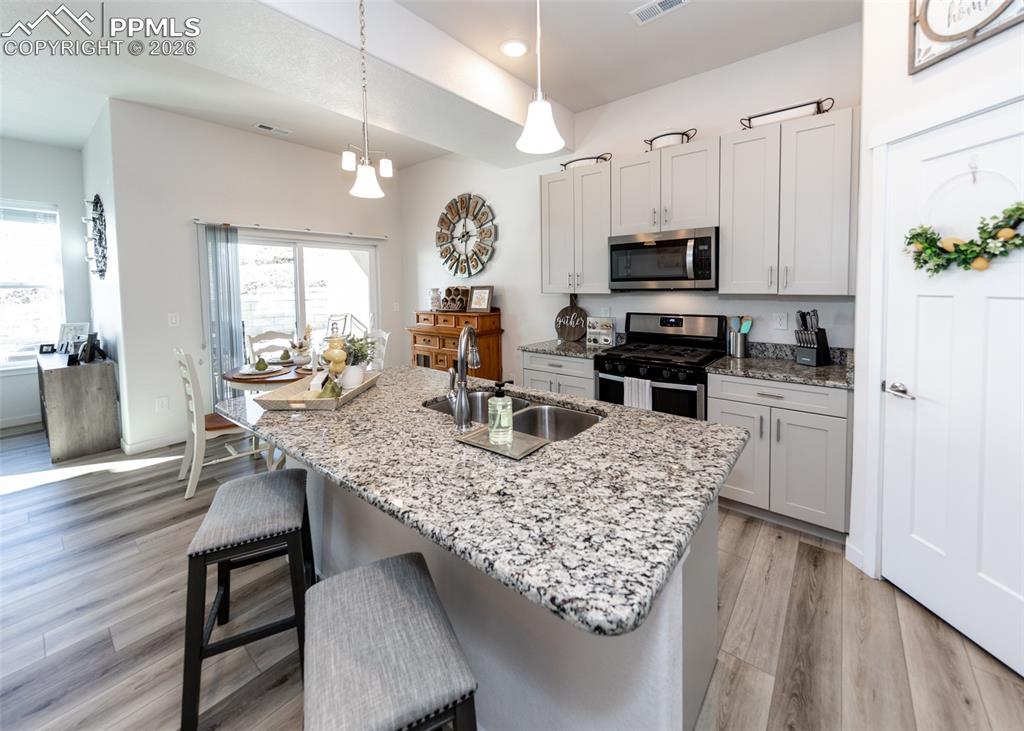 Image 13 of 49: Kitchen with light wood-style flooring, stainless steel appliances, a kitch
