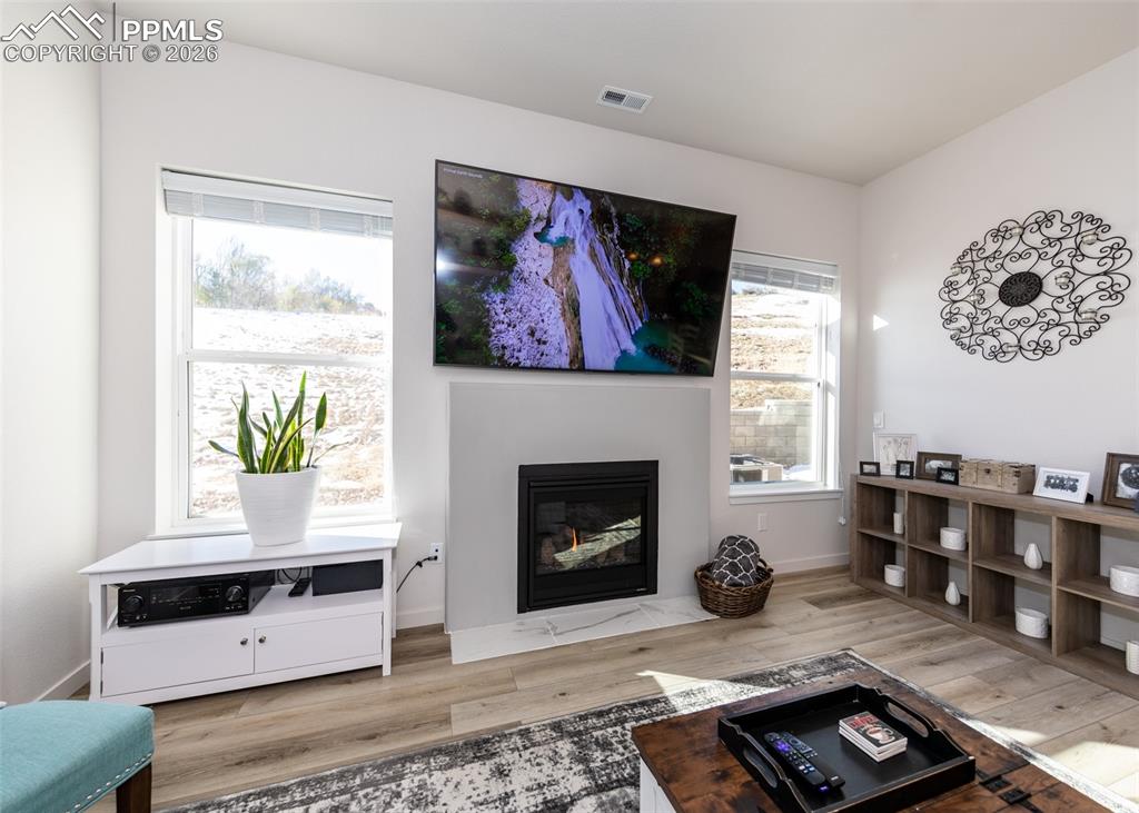 Image 22 of 49: Living room with light wood-style flooring and a fireplace with flush heart