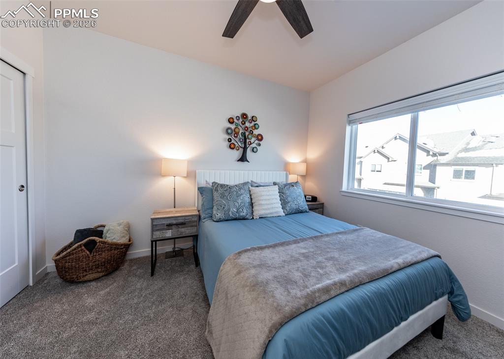 Image 34 of 49: Carpeted bedroom featuring a ceiling fan and baseboards