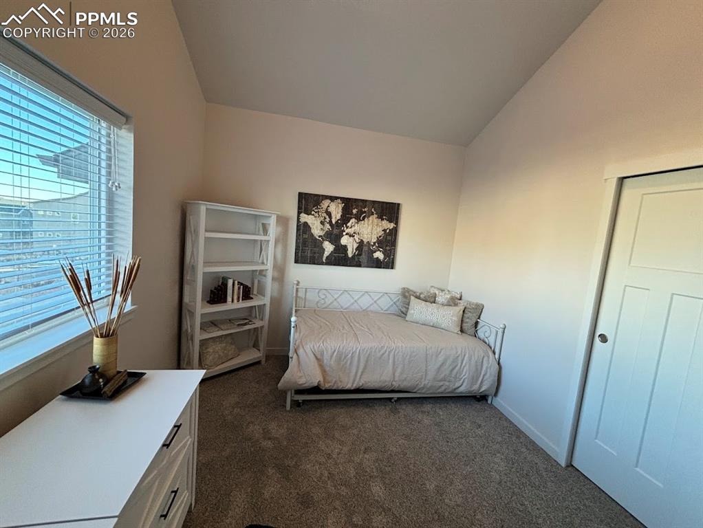 Image 40 of 49: Bedroom with vaulted ceiling and dark carpet
