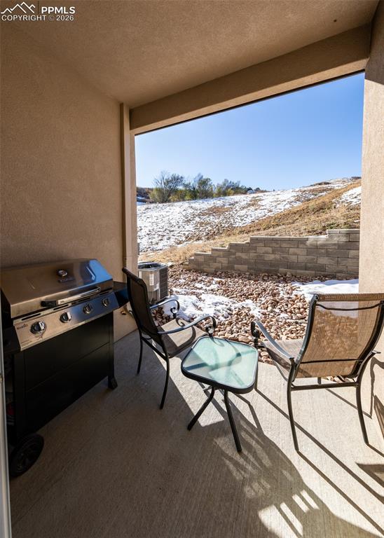 Image 42 of 49: Snow covered patio featuring area for grilling