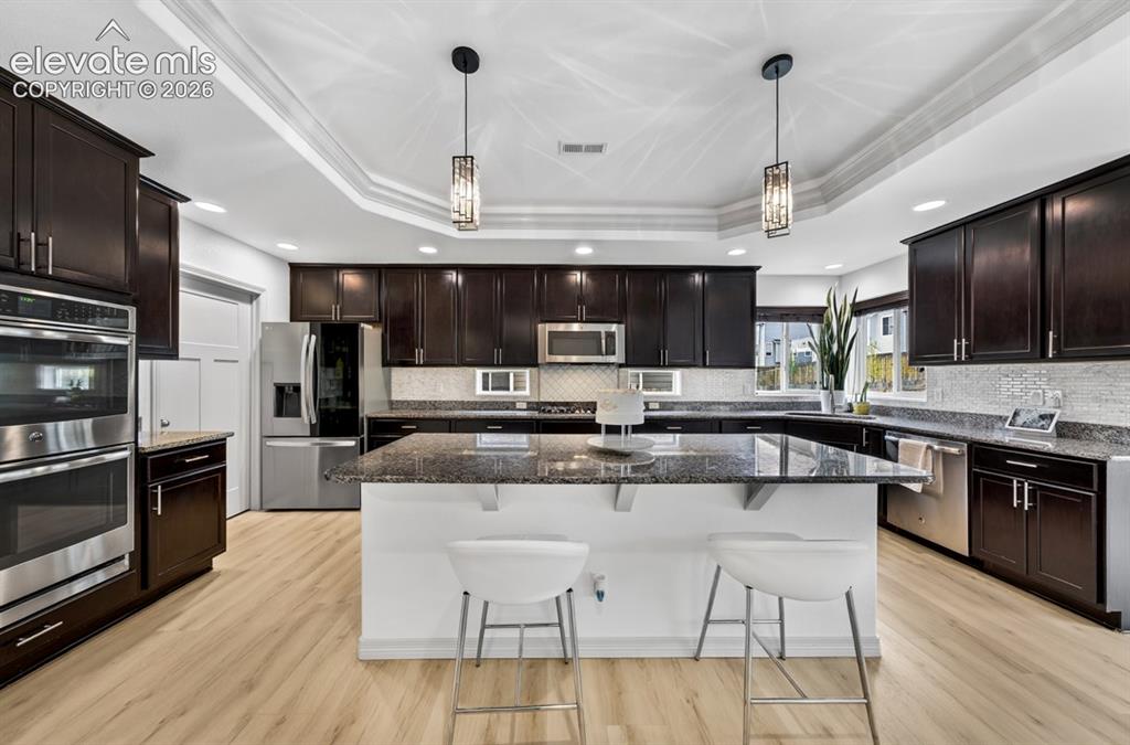 Image 14 of 50: Gourmet, island, granite, walk in pantry, coffered ceiling, double oven, st