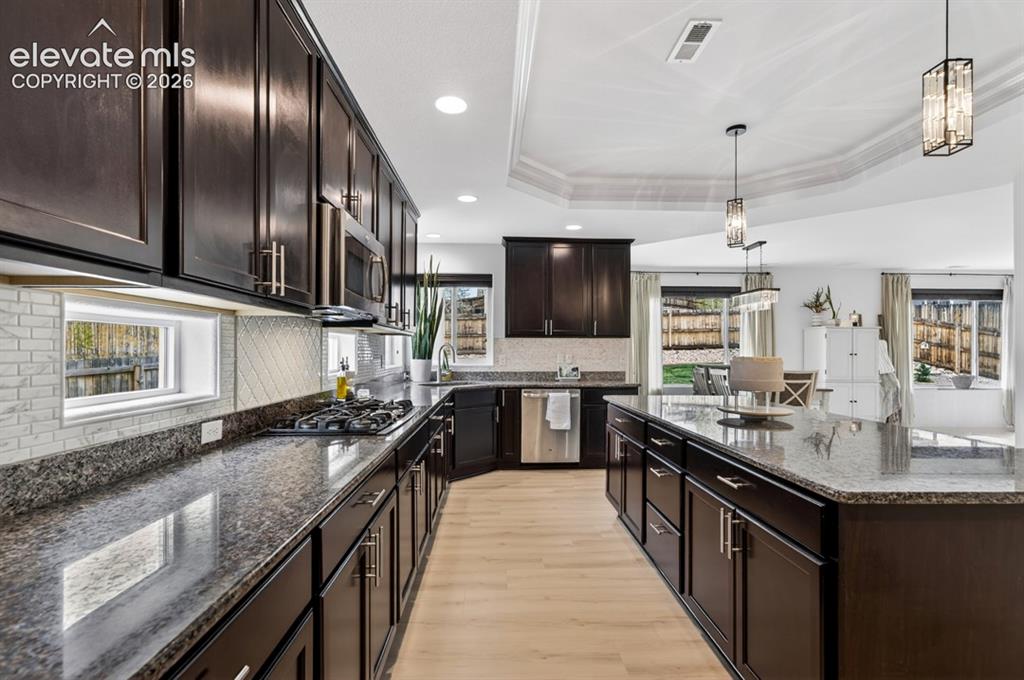 Image 16 of 50: Gourmet, island, granite, walk in pantry, coffered ceiling, double oven, st