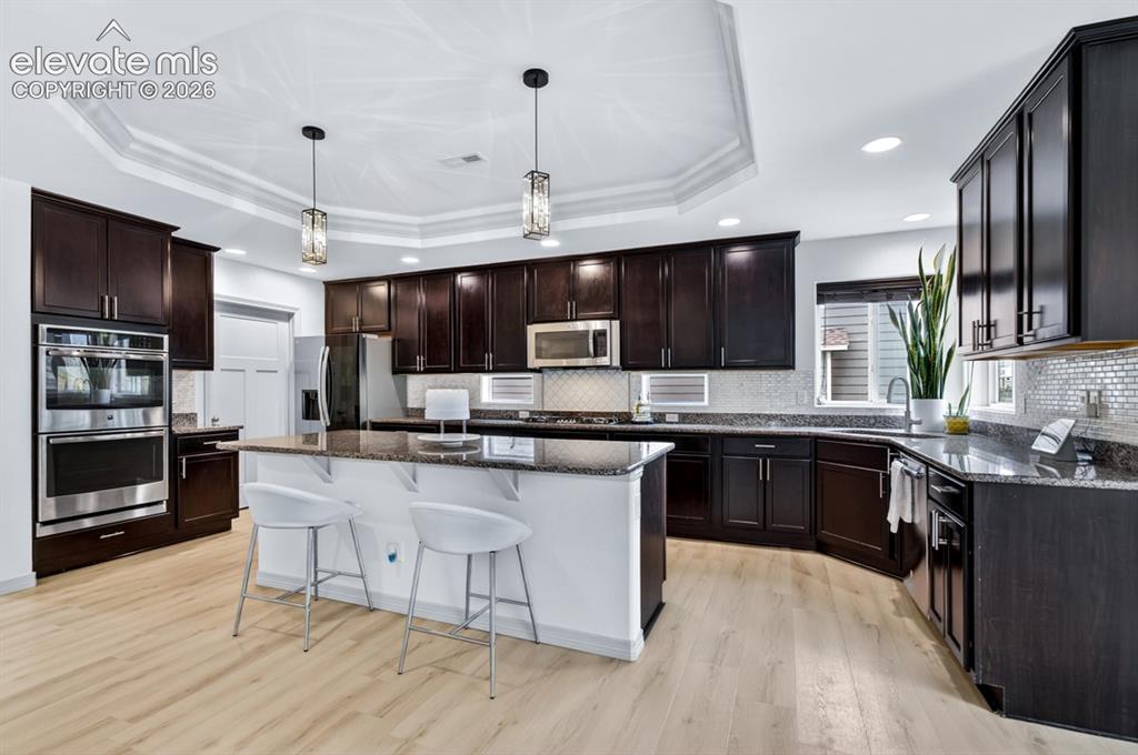 Image 17 of 50: Gourmet, island, granite, walk in pantry, coffered ceiling, double oven, st