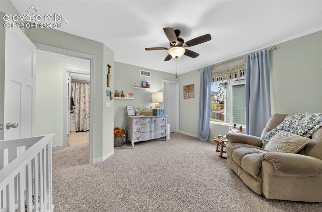 Image 33 of 50: Upper level, new carpet, ceiling fan, walk-in closet