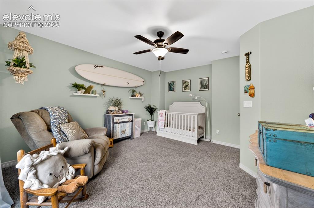 Image 34 of 50: Upper level, new carpet, ceiling fan, walk-in closet
