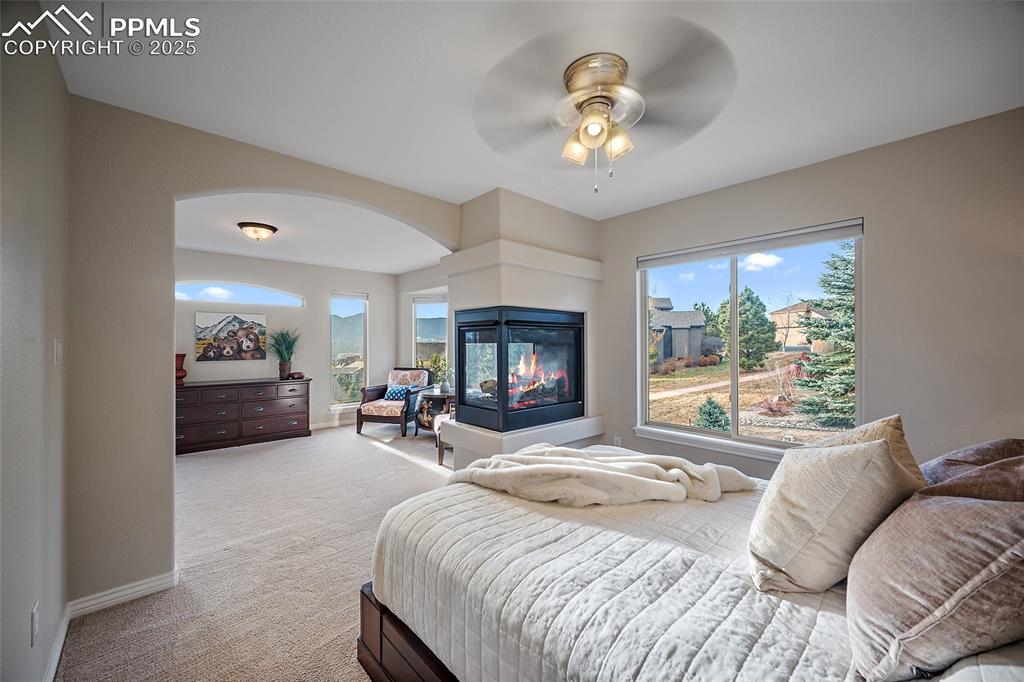 Image 25 of 50: Bedroom featuring light colored carpet, multiple windows, ceiling fan, and 